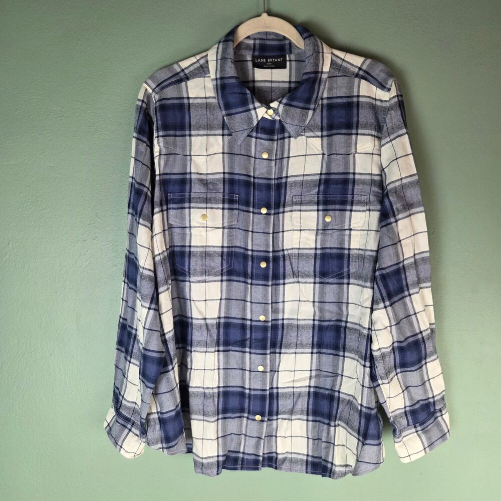 Lane Bryant Womens 18/20 Blue White Plaid Snap Down Long Sleeve Shirt Top Cotton
